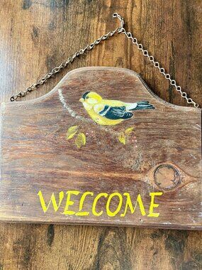 Rustic Goldfinch Welcome Sign Farmhouse Wood Hanging Bird Cottage Decor
